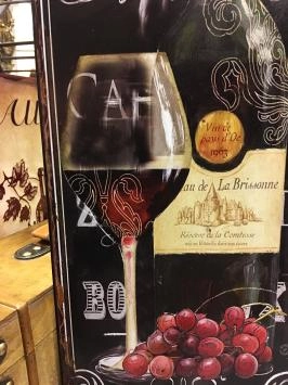 Enseigne en métal avec bouteille de vin + verre et texte joliment peints